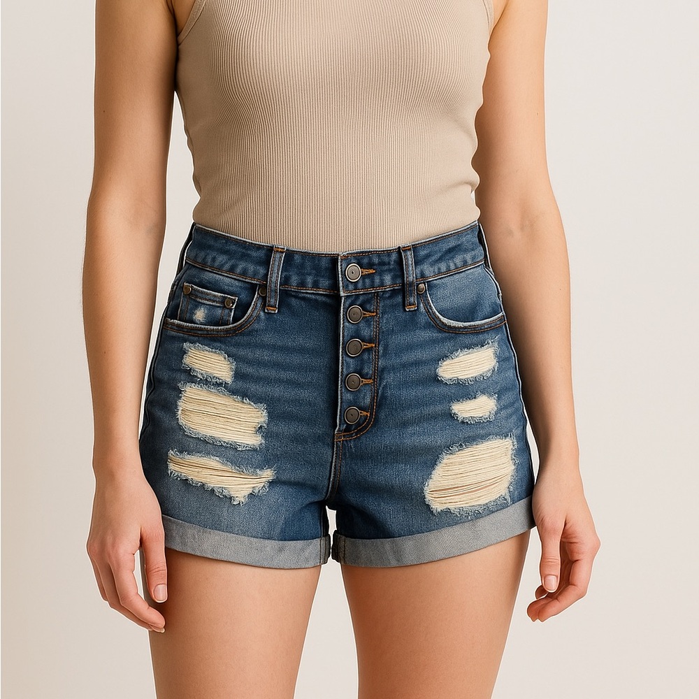 Mudd Stretch Flex High-Rise Midi Distressed Button Fly Jean Shorts 7